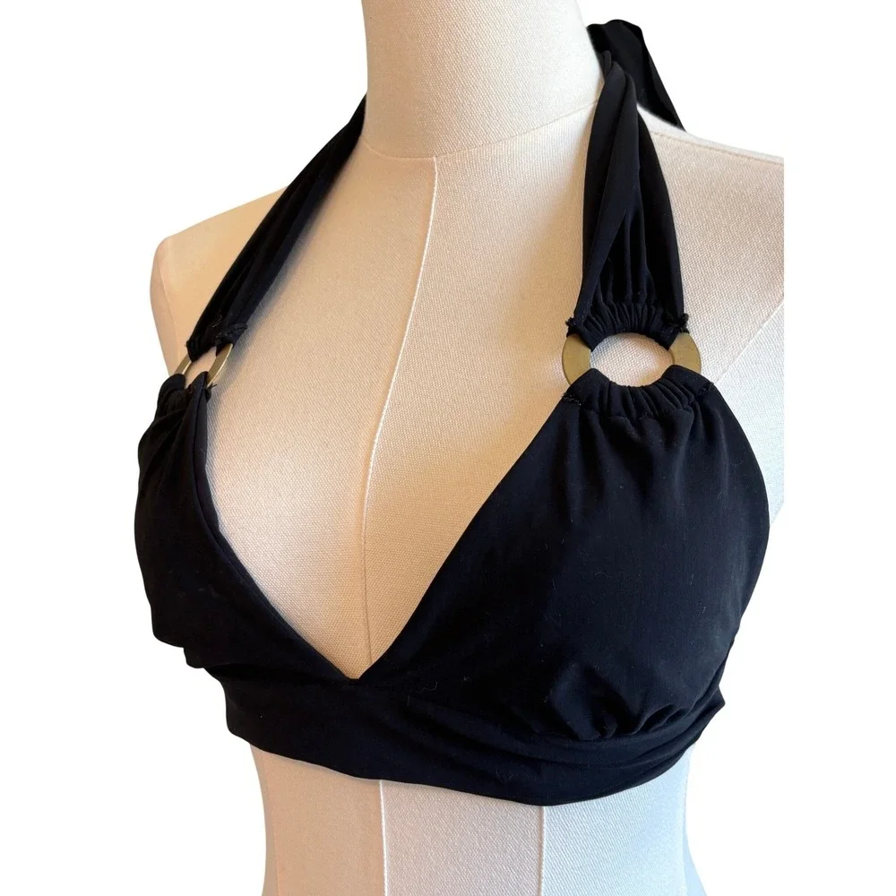 Despi‎ Bikini Set Black Size M Gold Ring Halter Brazilian Luxury